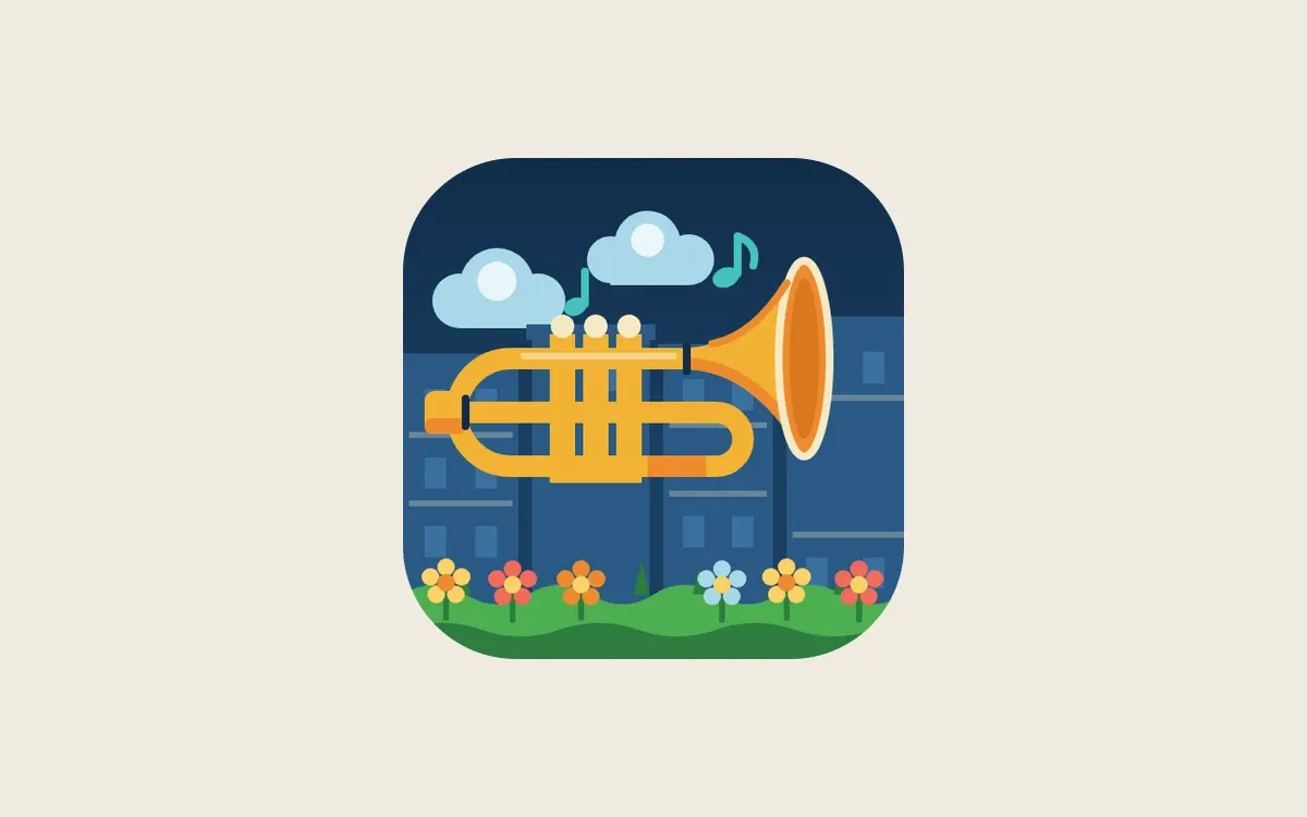 The JP Porchfest logo, a trumpet above a row of flowers